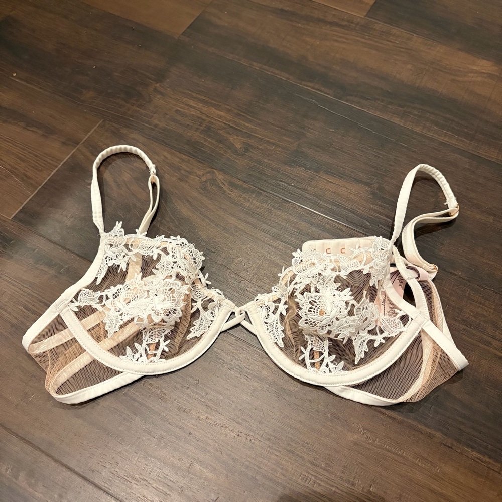 Victoria Secret White and Nude Lace See Through Bra 34B